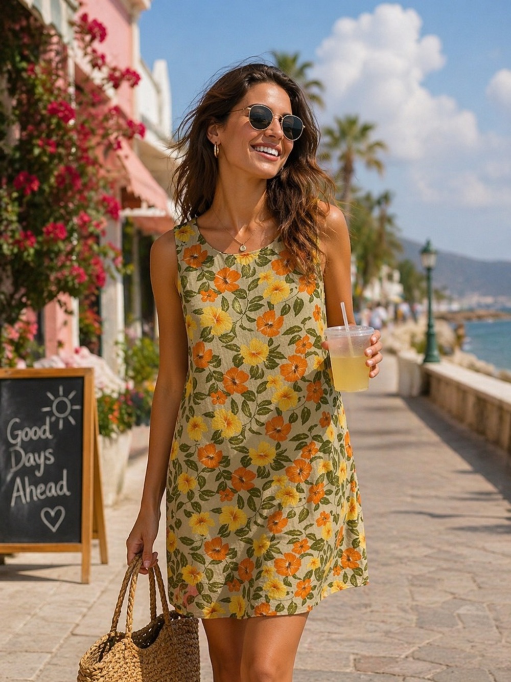 Bermuda Bay 100% Silk Floral Midi Dress - Orange and Yellow Large Excellent